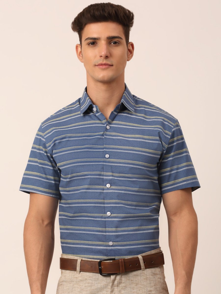 Indian Needle Men's Cotton Striped Half Sleeve Formal Shirts - SF_816Blue_S
