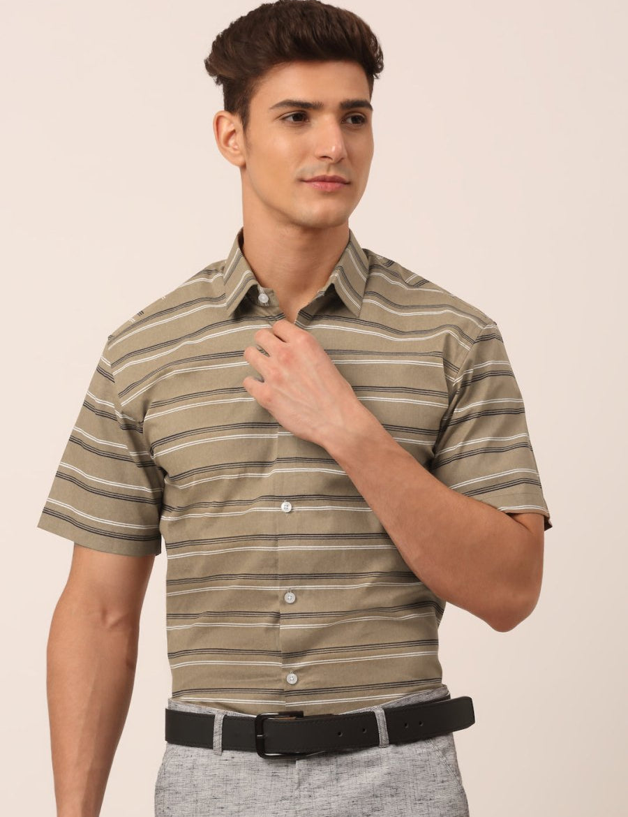 Indian Needle Men's Cotton Striped Half Sleeve Formal Shirts - SF_816Brown_S