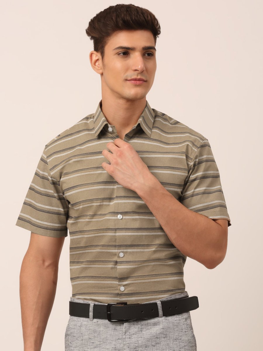 Indian Needle Men's Cotton Striped Half Sleeve Formal Shirts - SF_816Brown_S