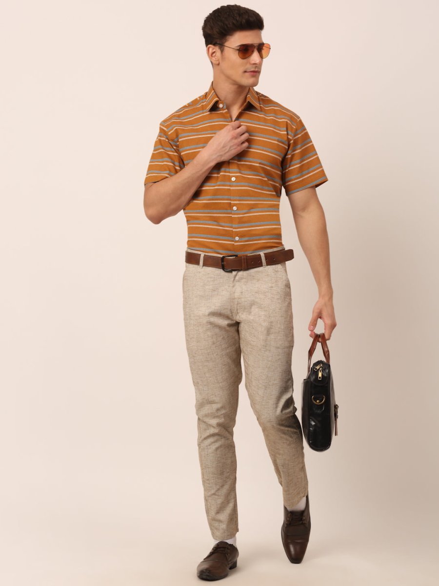 Indian Needle Men's Cotton Striped Half Sleeve Formal Shirts - SF_816Mustard_S