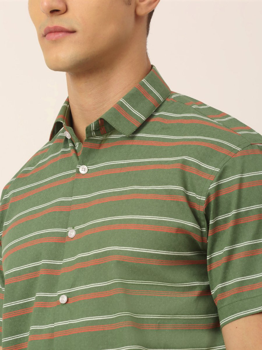 Indian Needle Men's Cotton Striped Half Sleeve Formal Shirts - SF_816Olive_S