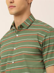 Indian Needle Men's Cotton Striped Half Sleeve Formal Shirts - SF_816Olive_S