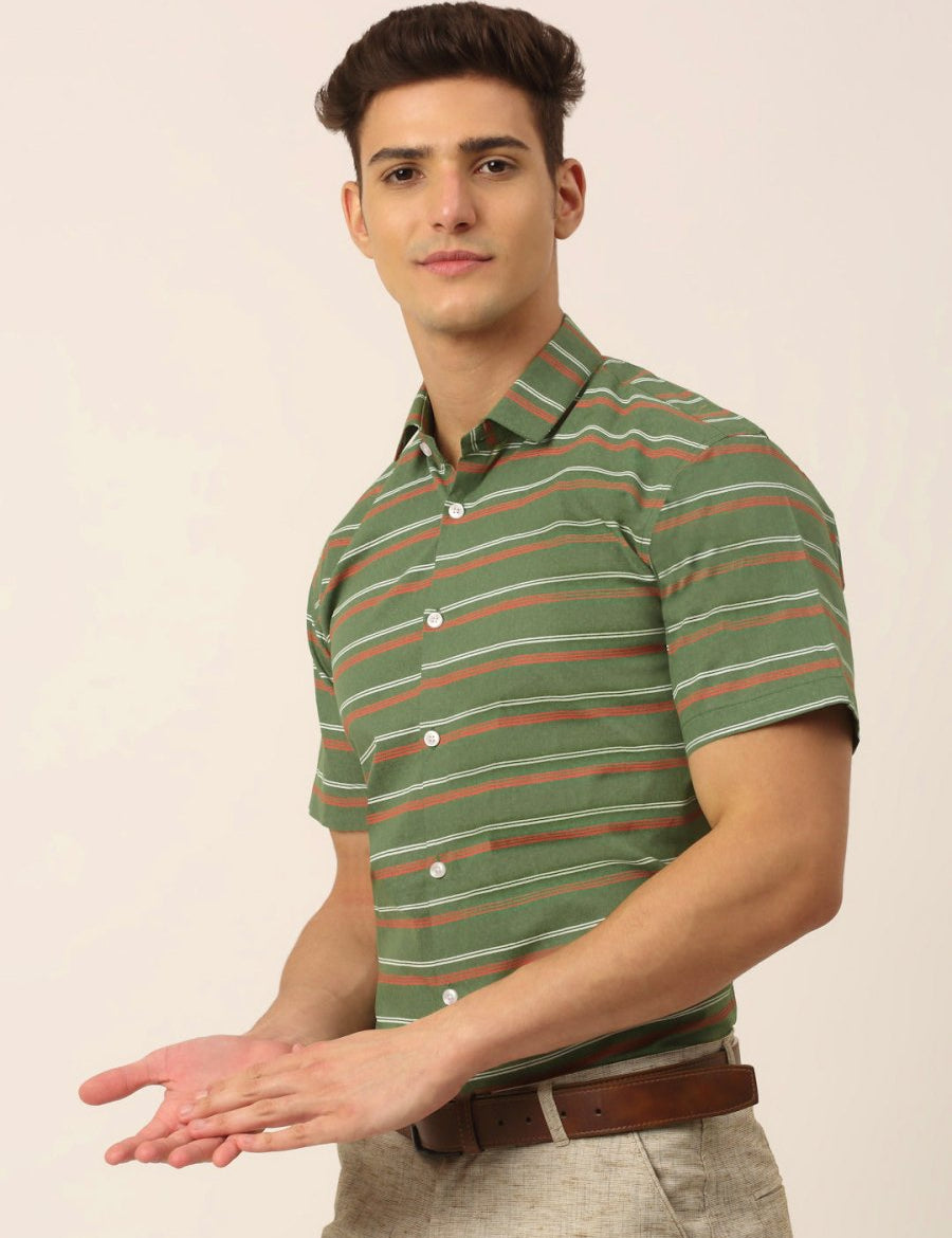 Indian Needle Men's Cotton Striped Half Sleeve Formal Shirts - SF_816Olive_S