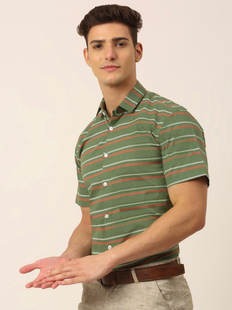 Indian Needle Men's Cotton Striped Half Sleeve Formal Shirts - SF_816Olive_S