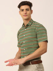Indian Needle Men's Cotton Striped Half Sleeve Formal Shirts - SF_816Olive_S