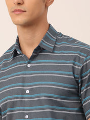 Indian Needle Men's Cotton Striped Half Sleeve Formal Shirts - SF_816Grey_S