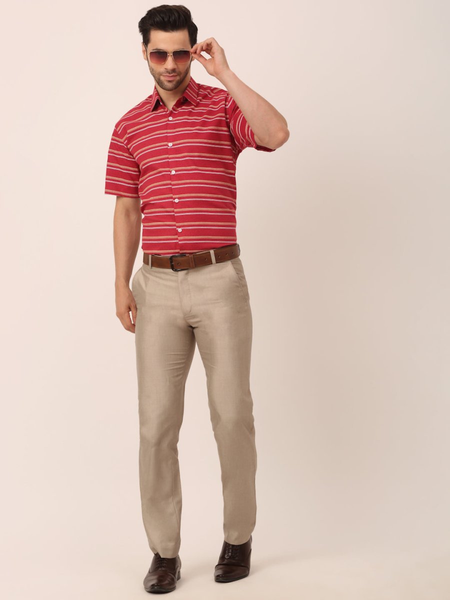 Indian Needle Men's Cotton Striped Half Sleeve Formal Shirts - SF_816Maroon_S