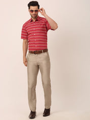 Indian Needle Men's Cotton Striped Half Sleeve Formal Shirts - SF_816Maroon_S