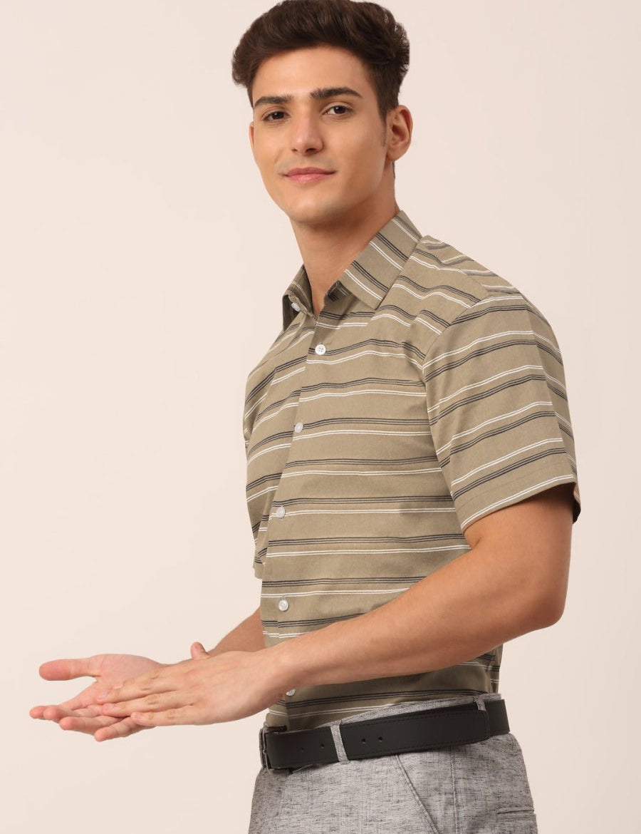 Indian Needle Men's Cotton Striped Half Sleeve Formal Shirts - SF_816Brown_S