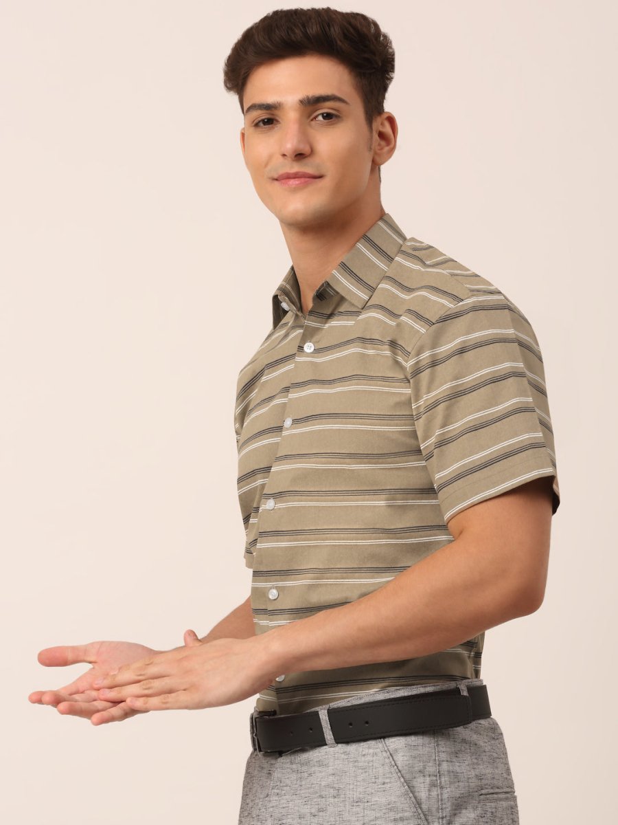 Indian Needle Men's Cotton Striped Half Sleeve Formal Shirts - SF_816Brown_S
