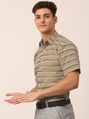 Indian Needle Men's Cotton Striped Half Sleeve Formal Shirts - SF_816Brown_S