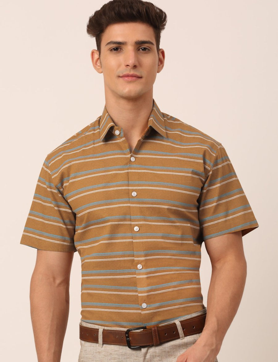 Indian Needle Men's Cotton Striped Half Sleeve Formal Shirts - SF_816Mustard_S