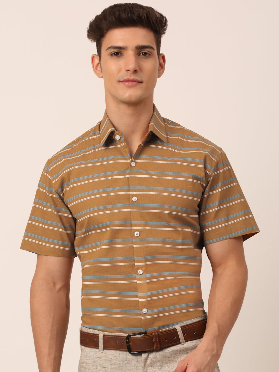 Indian Needle Men's Cotton Striped Half Sleeve Formal Shirts - SF_816Mustard_S