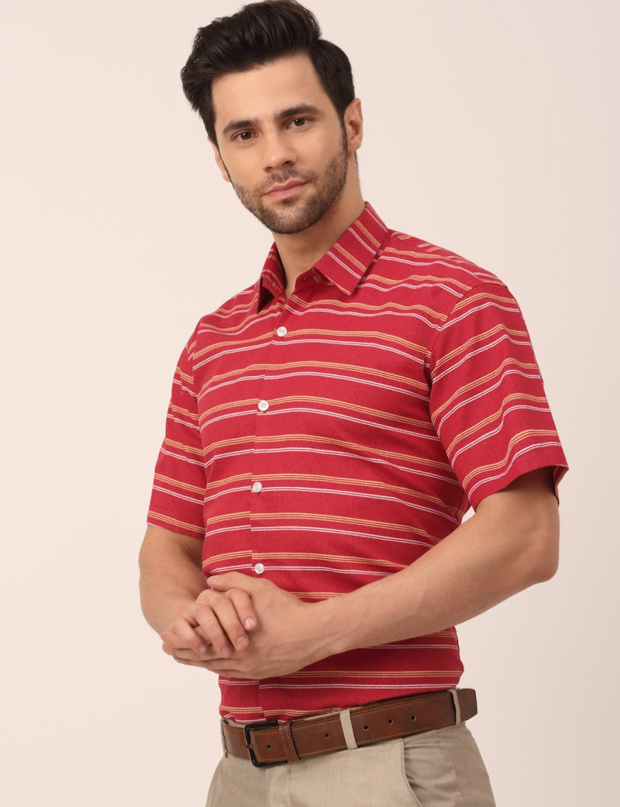 Indian Needle Men's Cotton Striped Half Sleeve Formal Shirts - SF_816Maroon_S