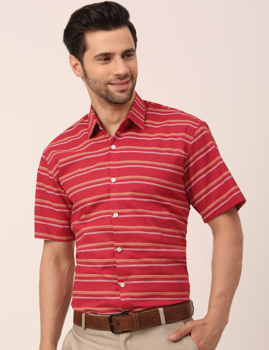 Indian Needle Men's Cotton Striped Half Sleeve Formal Shirts - SF_816Maroon_S