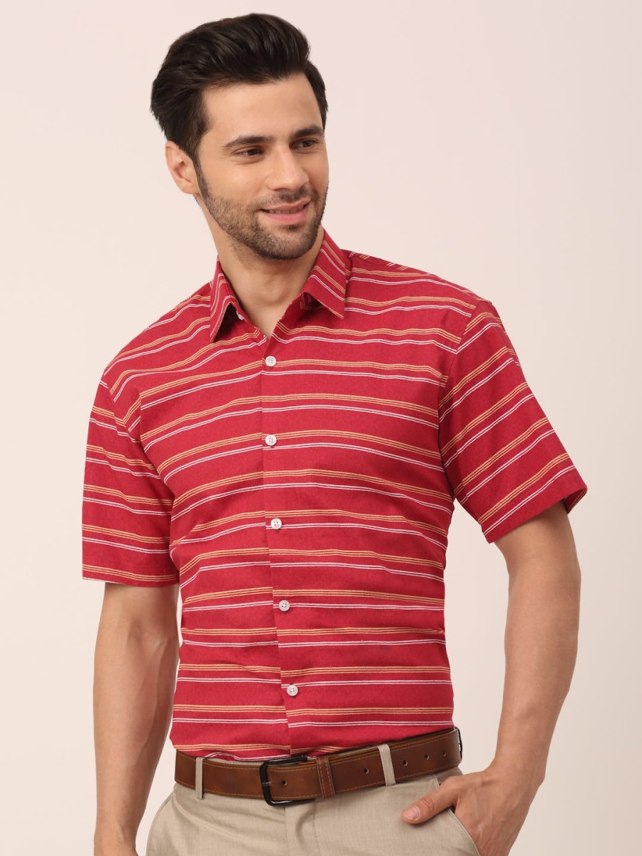 Indian Needle Men's Cotton Striped Half Sleeve Formal Shirts - SF_816Maroon_S