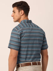 Indian Needle Men's Cotton Striped Half Sleeve Formal Shirts - SF_816Grey_S