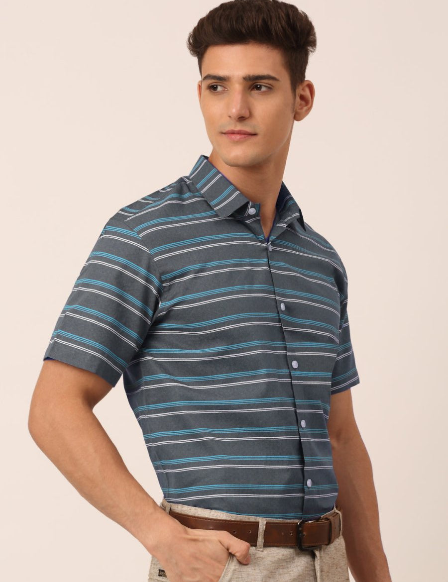 Indian Needle Men's Cotton Striped Half Sleeve Formal Shirts - SF_816Grey_S