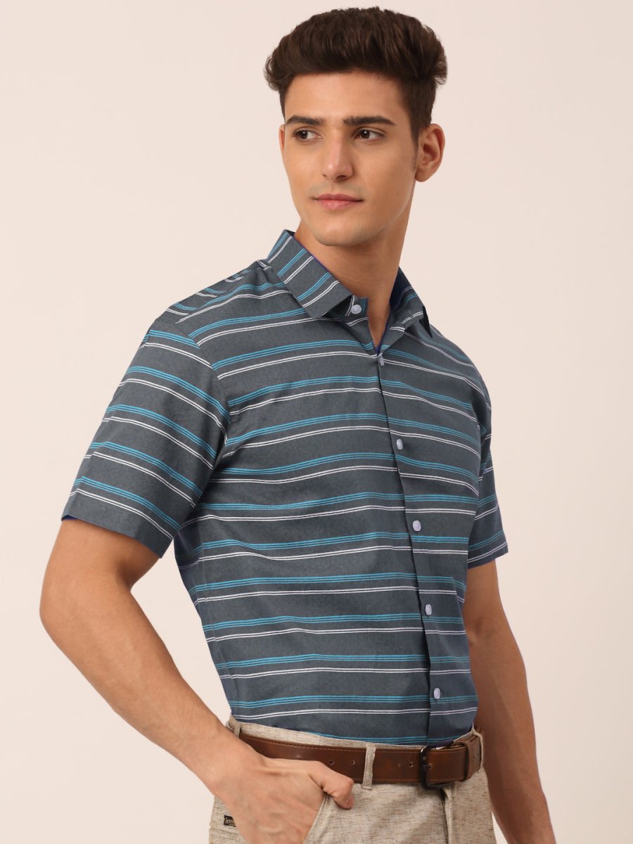 Indian Needle Men's Cotton Striped Half Sleeve Formal Shirts - SF_816Grey_S