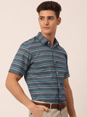 Indian Needle Men's Cotton Striped Half Sleeve Formal Shirts - SF_816Grey_S