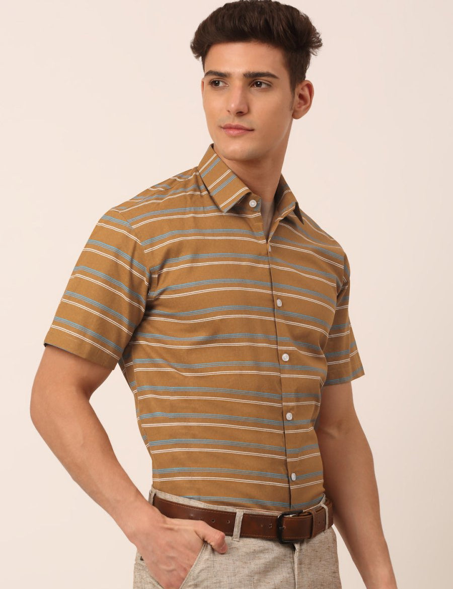 Indian Needle Men's Cotton Striped Half Sleeve Formal Shirts - SF_816Mustard_S