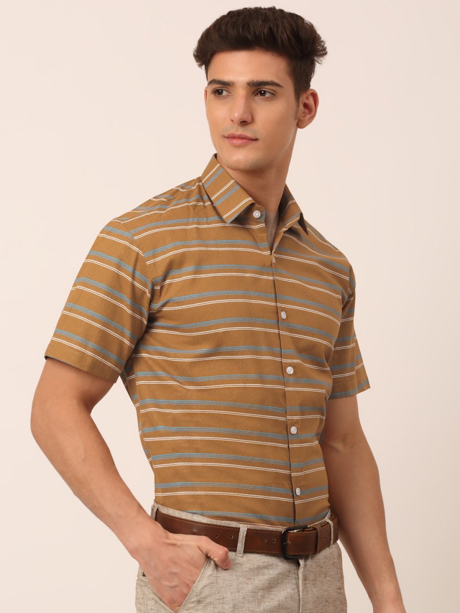 Indian Needle Men's Cotton Striped Half Sleeve Formal Shirts - SF_816Mustard_S
