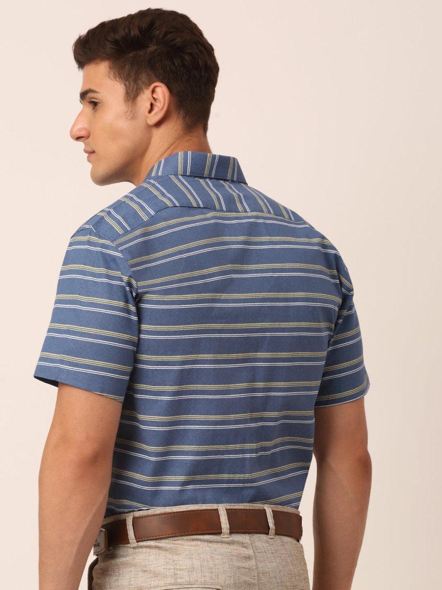 Indian Needle Men's Cotton Striped Half Sleeve Formal Shirts - SF_816Blue_S