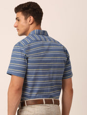 Indian Needle Men's Cotton Striped Half Sleeve Formal Shirts - SF_816Blue_S