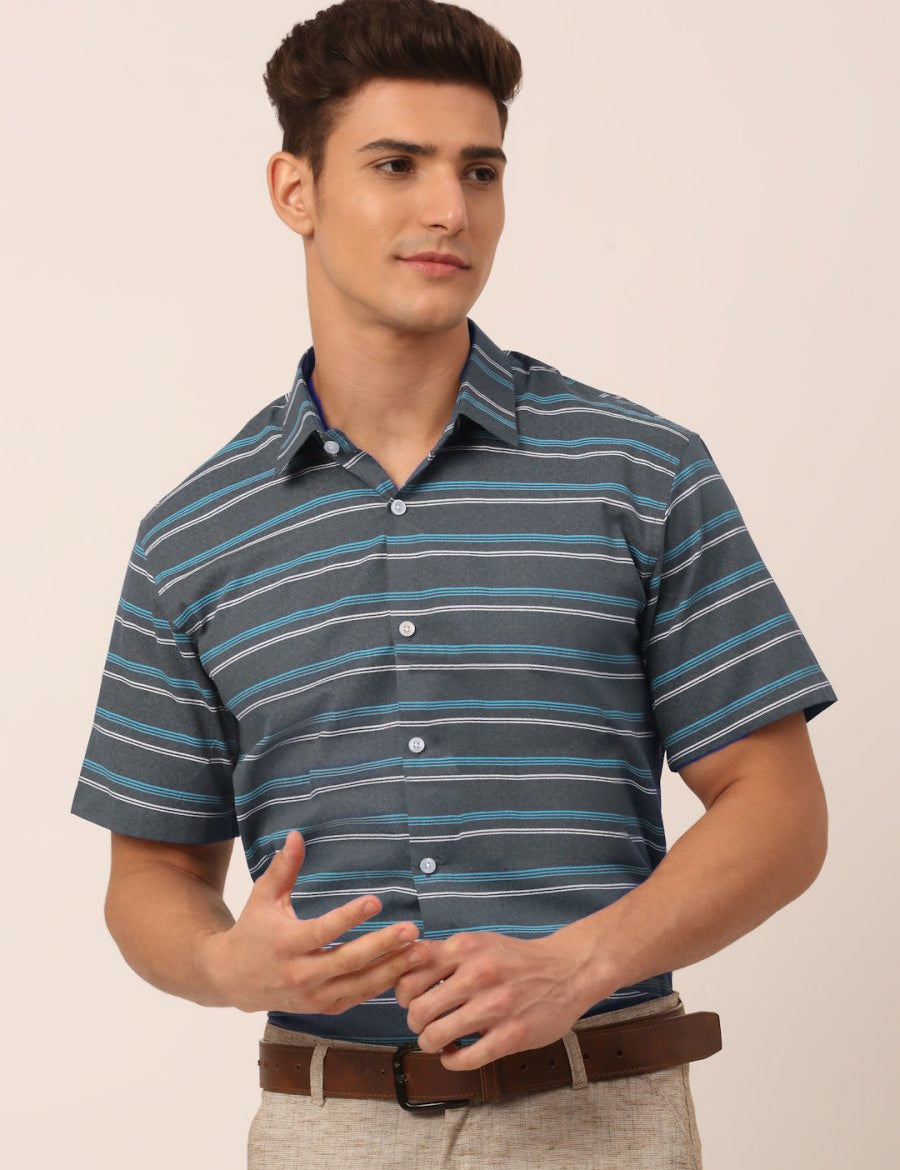 Indian Needle Men's Cotton Striped Half Sleeve Formal Shirts - SF_816Grey_S