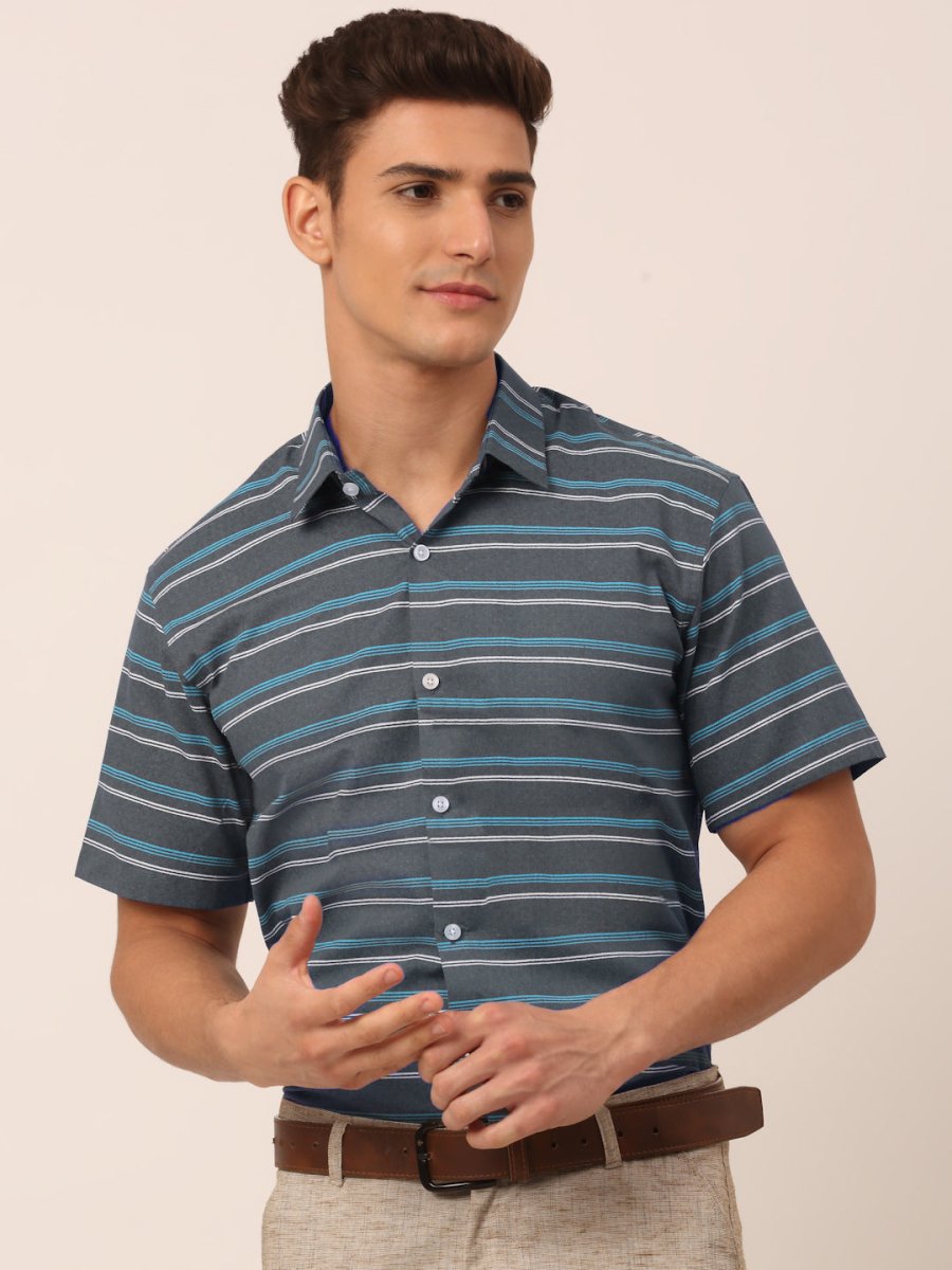 Indian Needle Men's Cotton Striped Half Sleeve Formal Shirts - SF_816Grey_S