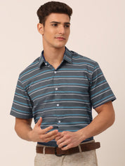 Indian Needle Men's Cotton Striped Half Sleeve Formal Shirts - SF_816Grey_S