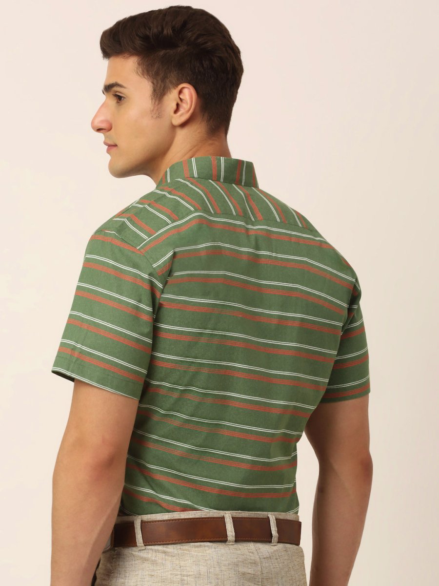 Indian Needle Men's Cotton Striped Half Sleeve Formal Shirts - SF_816Olive_S
