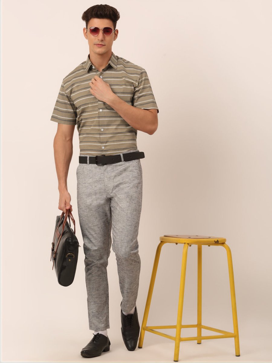 Indian Needle Men's Cotton Striped Half Sleeve Formal Shirts - SF_816Brown_S