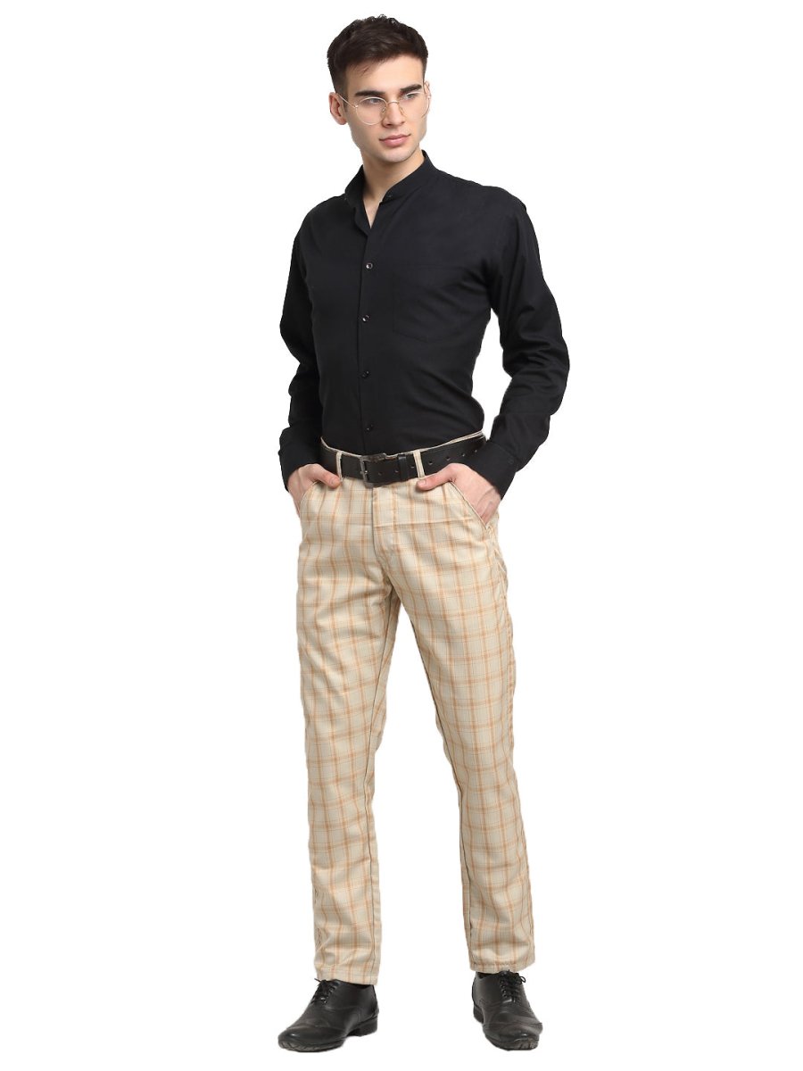 Indian Needle Men's Cream Cotton Checked Formal Trousers - FGP_267Cream_30