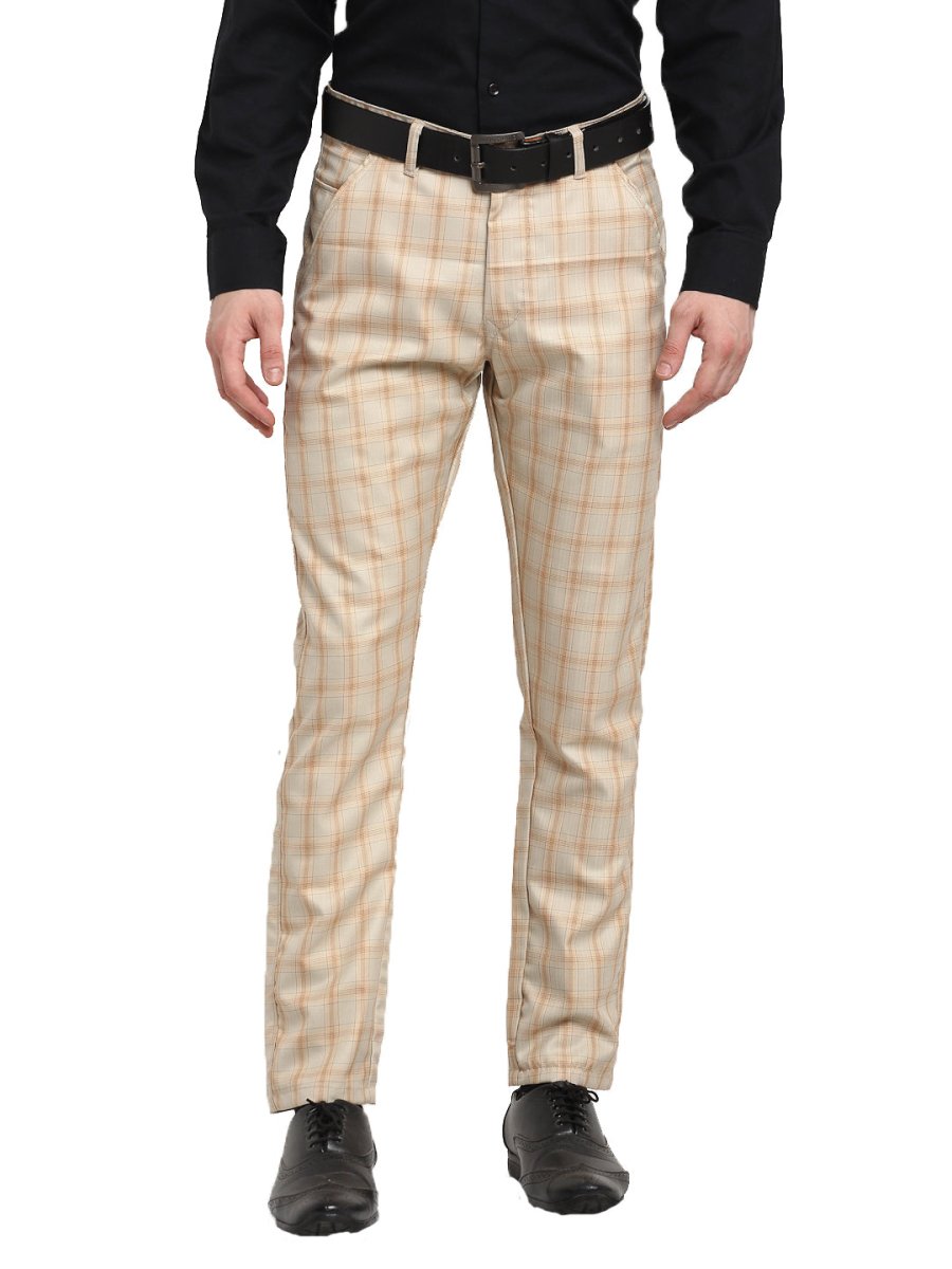 Indian Needle Men's Cream Cotton Checked Formal Trousers - FGP_267Cream_30