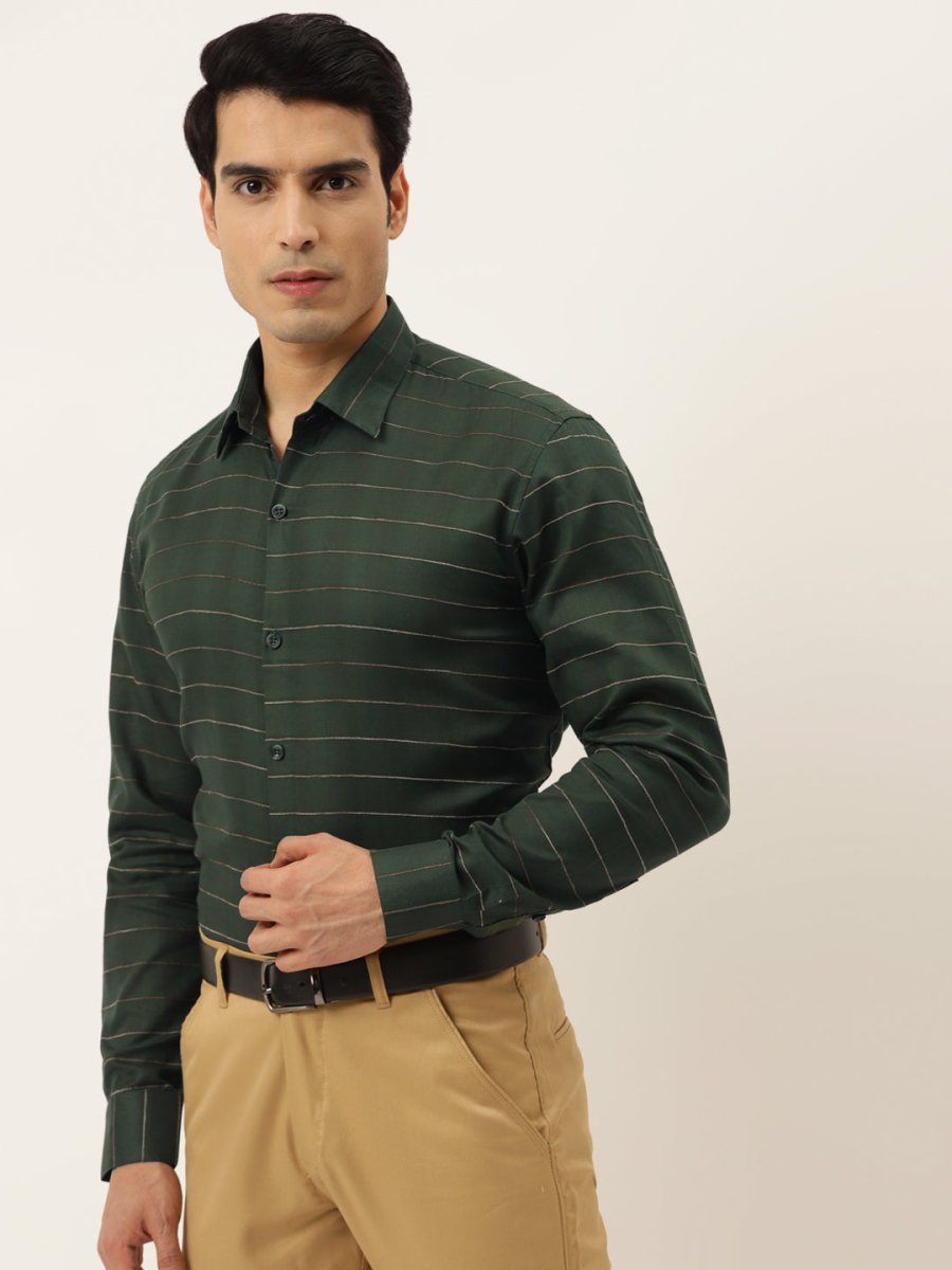 Indian Needle Men's Formal Cotton Horizontal Striped Shirt - SF_790Olive_S
