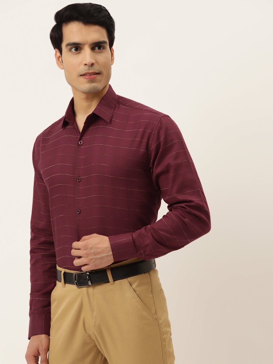 Indian Needle Men's Formal Cotton Horizontal Striped Shirt - SF_790Maroon_S