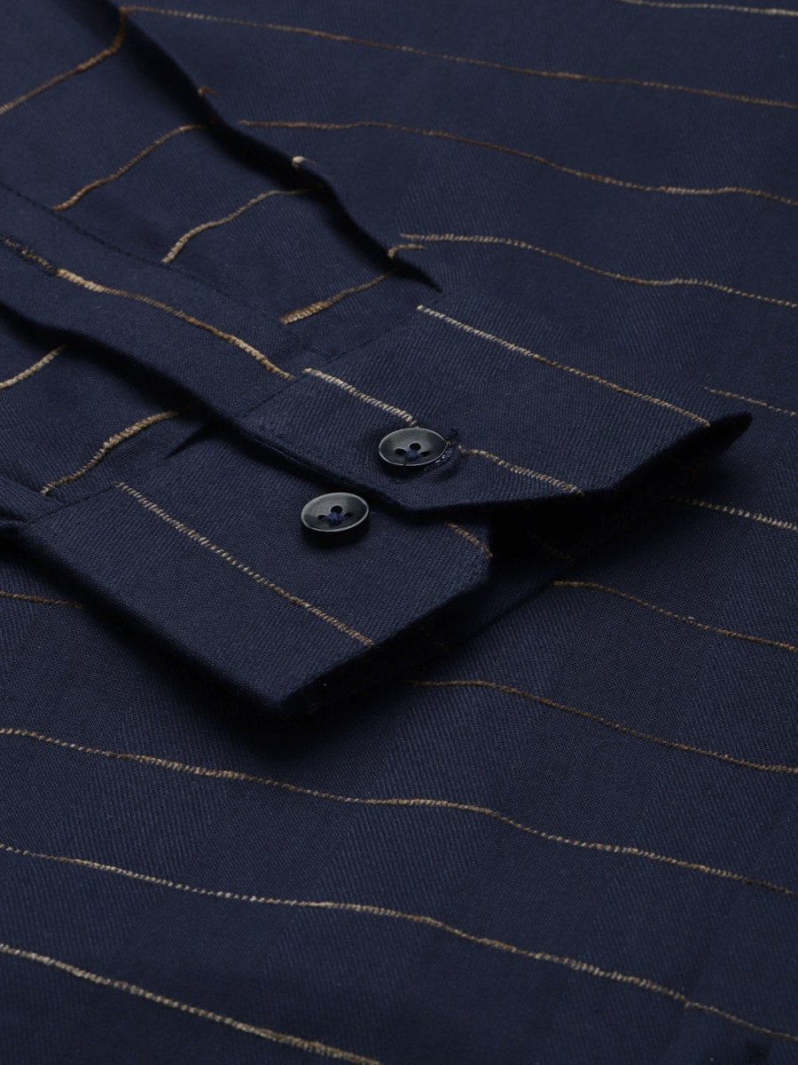 Indian Needle Men's Formal Cotton Horizontal Striped Shirt - SF_790Navy_S