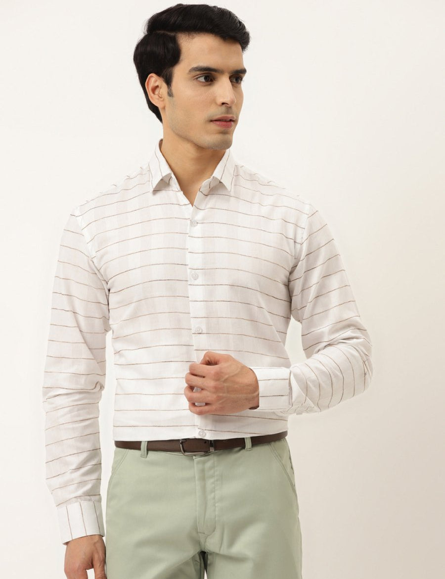 Indian Needle Men's Formal Cotton Horizontal Striped Shirt - SF_790White_S