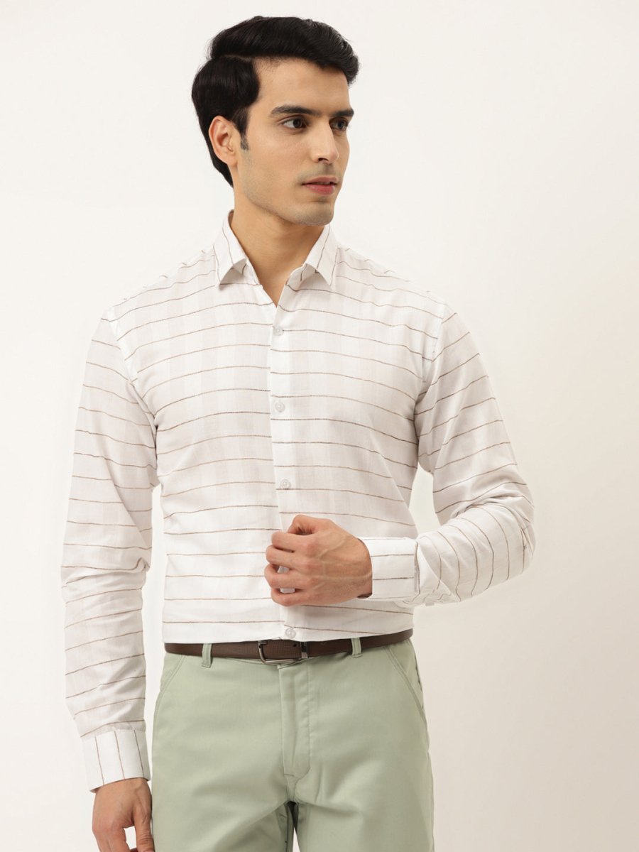 Indian Needle Men's Formal Cotton Horizontal Striped Shirt - SF_790White_S