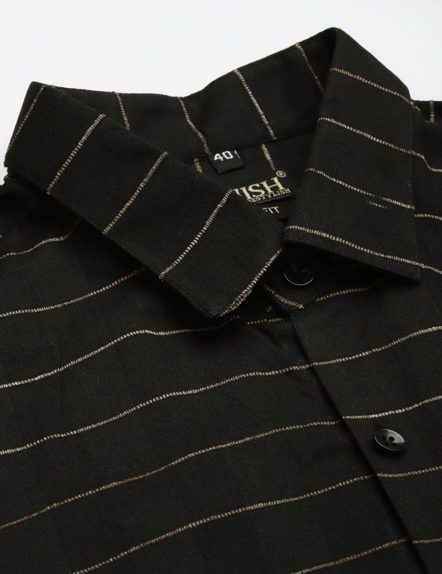 Indian Needle Men's Formal Cotton Horizontal Striped Shirt - SF_790Black_S