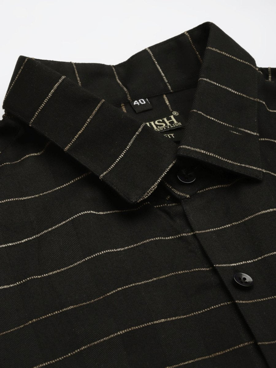 Indian Needle Men's Formal Cotton Horizontal Striped Shirt - SF_790Black_S