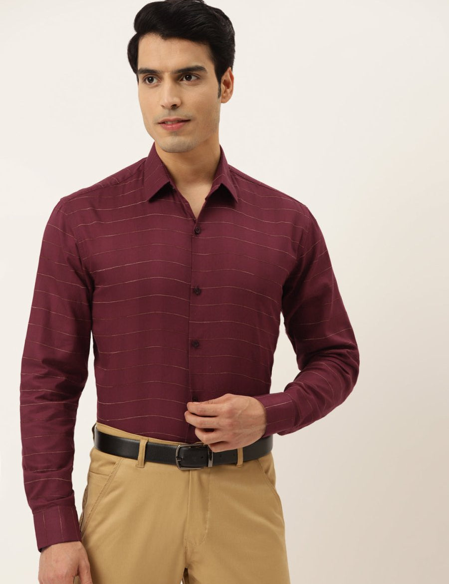 Indian Needle Men's Formal Cotton Horizontal Striped Shirt - SF_790Maroon_S