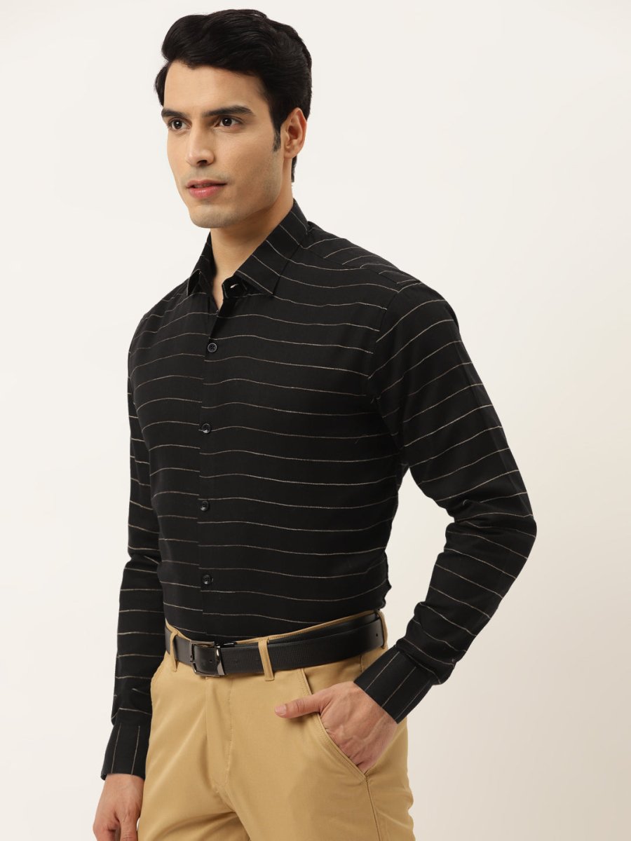 Indian Needle Men's Formal Cotton Horizontal Striped Shirt - SF_790Black_S