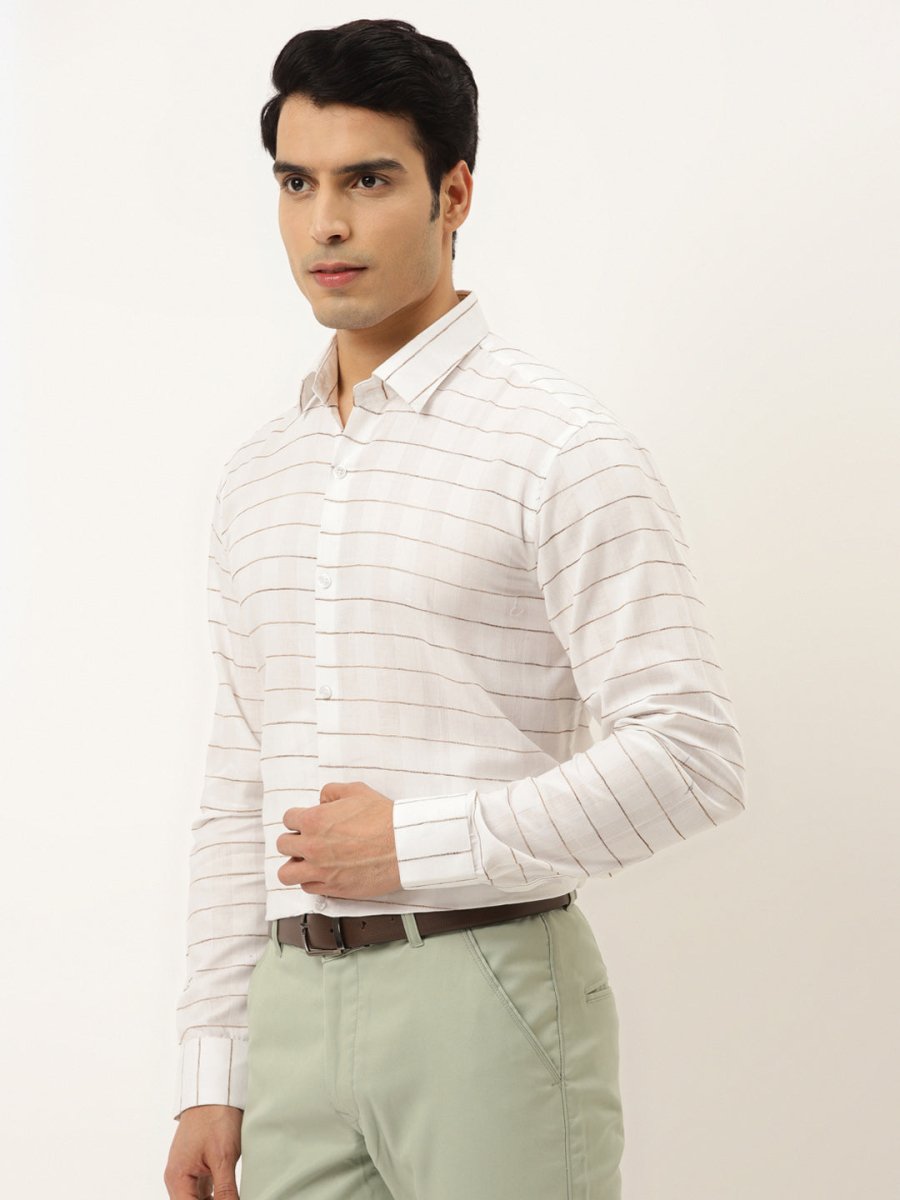 Indian Needle Men's Formal Cotton Horizontal Striped Shirt - SF_790White_S