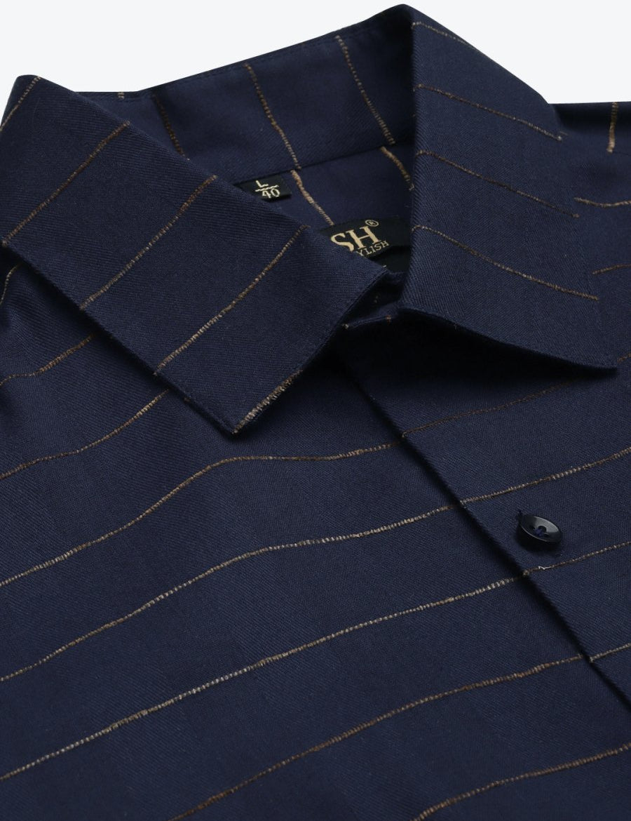 Indian Needle Men's Formal Cotton Horizontal Striped Shirt - SF_790Navy_S