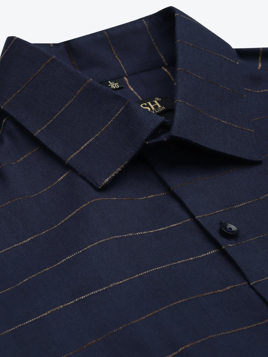 Indian Needle Men's Formal Cotton Horizontal Striped Shirt - SF_790Navy_S