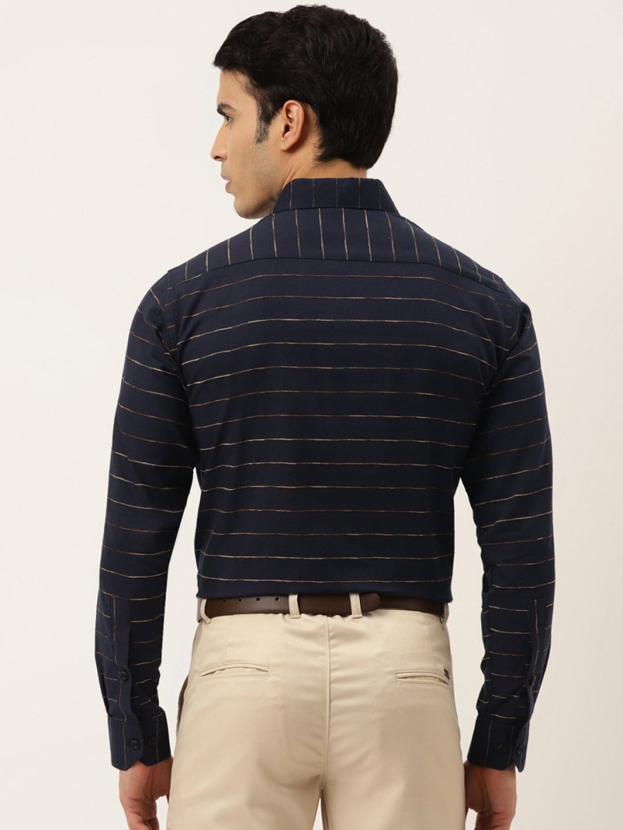 Indian Needle Men's Formal Cotton Horizontal Striped Shirt - SF_790Navy_S