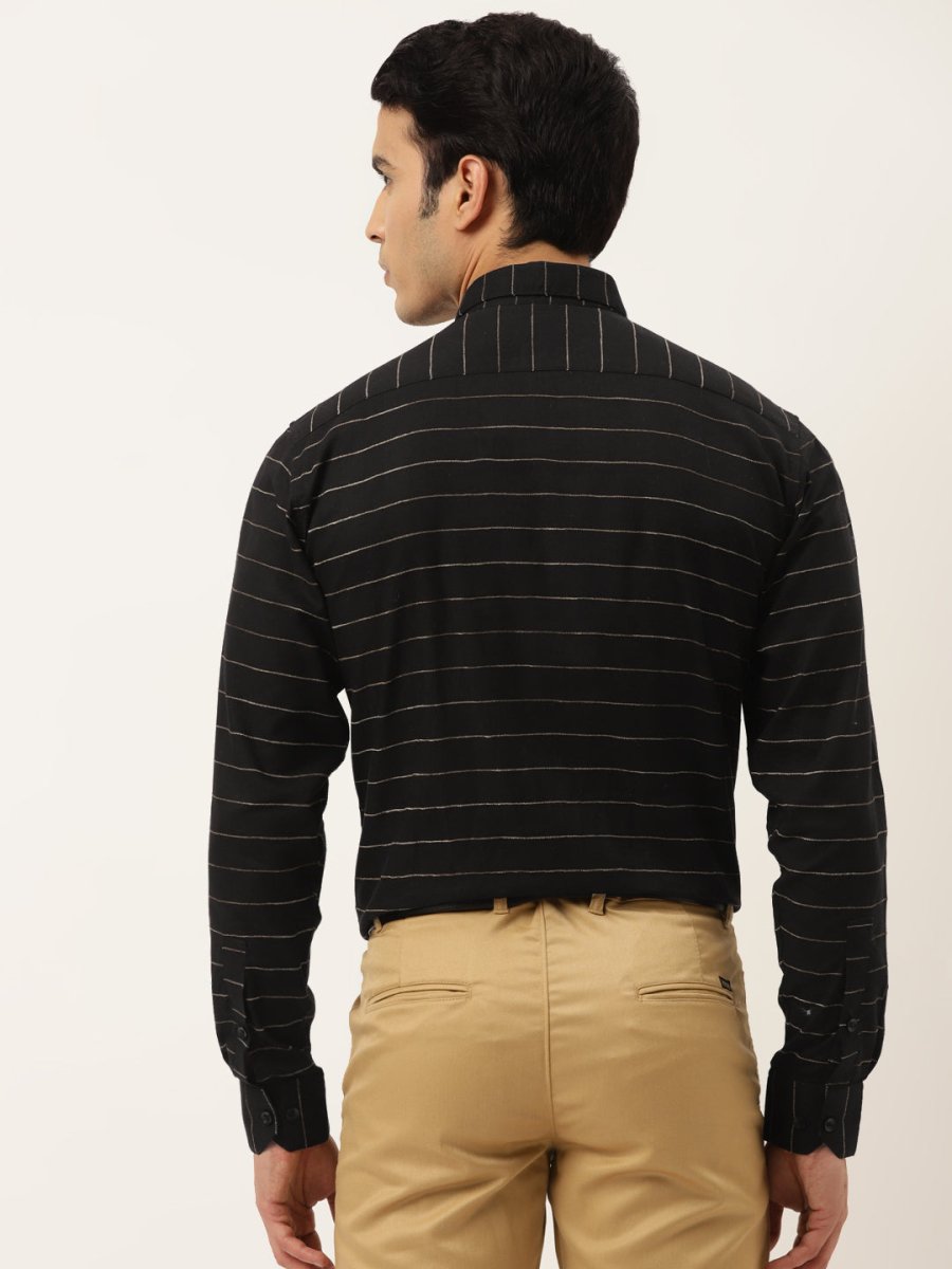 Indian Needle Men's Formal Cotton Horizontal Striped Shirt - SF_790Black_S