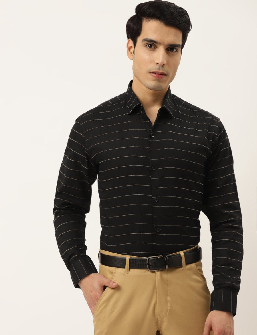 Indian Needle Men's Formal Cotton Horizontal Striped Shirt - SF_790Black_S